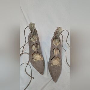Vince Camuto Barsha Taupe Stone Lace-Up Suede Pointy Toe Heels Women's Size 8.5